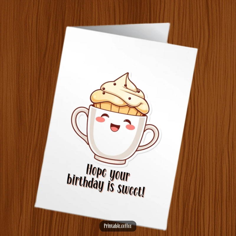 Free Printable Birthday Card: A laughing muffin character peeks from behind a giant coffee cup.