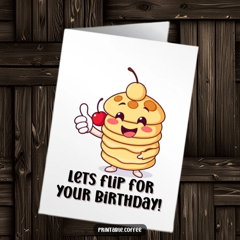 Funny Free Printable Birthday Card: A cheerful pancake stack character giving a thumbs-up with a cherry, wishing happy birthday.