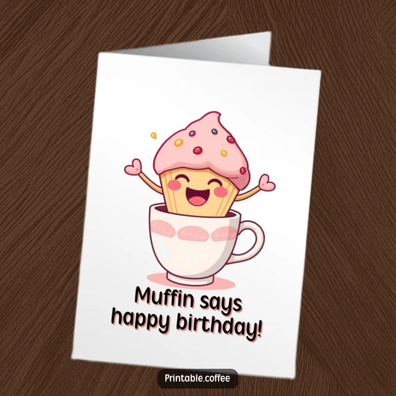 Funny Free Printable Birthday Card: Happy muffin joyfully bursting out of a coffee cup, celebrating with energy. Downloadable gift.