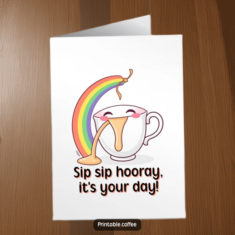 Funny Free Printable Birthday Card: A smiling teacup character joyfully pouring a vibrant rainbow, a cheerful greeting.