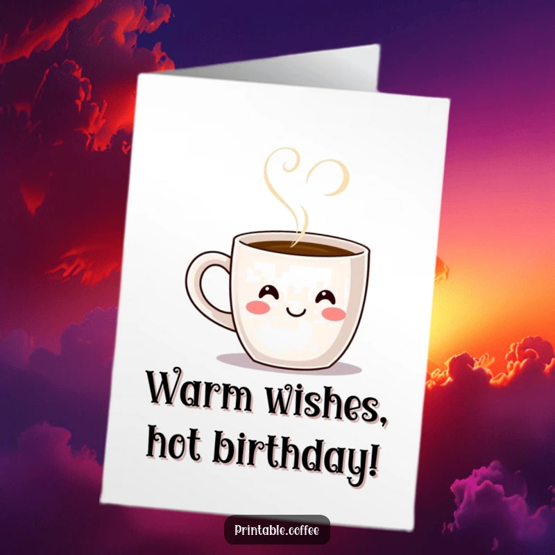 Sweet Free Printable Birthday Card: A smiling coffee mug character with steam rising in a perfect heart shape.