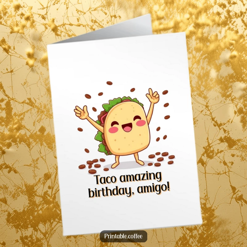 Funny Free Printable Birthday Card: A cheesy taco character dances victoriously holding coffee beans.