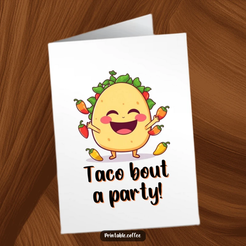 Funny free printable birthday card featuring a laughing taco character expertly juggling small, spicy jalapeño peppers.