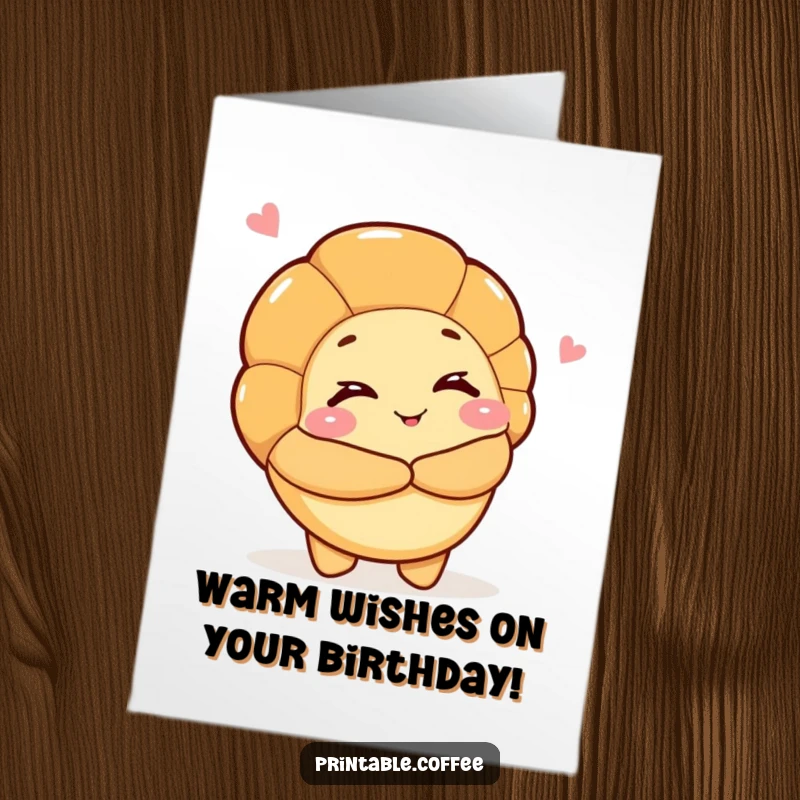 Funny Free Printable Birthday Card: A winking croissant character extending its arms for a warm, comforting hug.