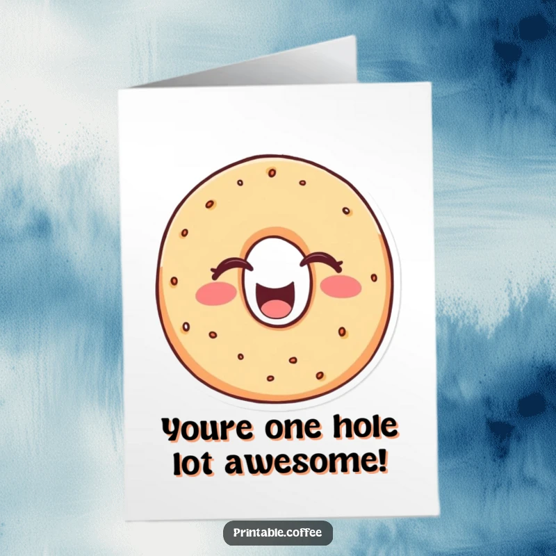 Funny Free Printable Birthday Card: A cheerful bagel character with eyes closed, laughing heartily, spreading birthday cheer.