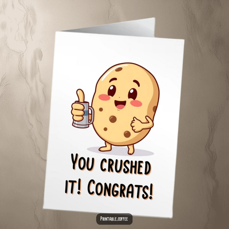 Free Printable Congratulations Card: Playful cookie giving a thumbs up, holding a miniature coffee pot, celebrating success. Funny downloadable.