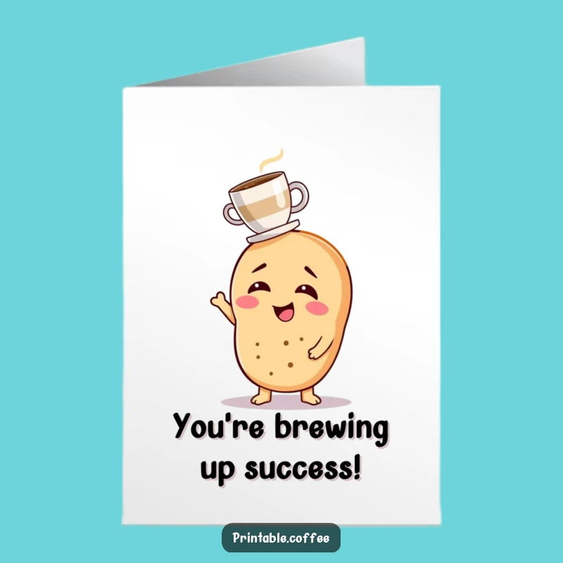 Free Printable Congrats Card: Bagel Balancing Coffee, Humorous Downloadable Cheer!