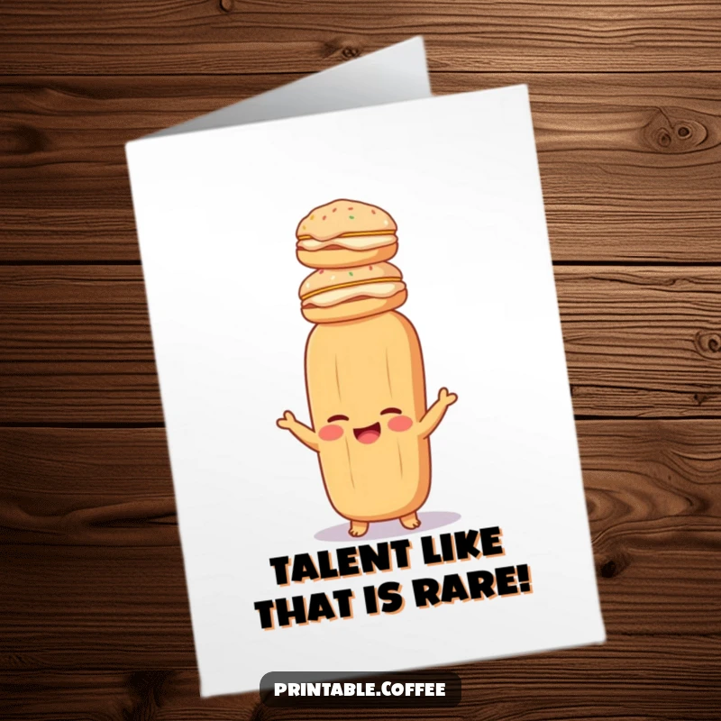Funny Free Printable Congratulations Card: Giggling baguette with a tall stack of pastries wobbling on its head, celebrating success.