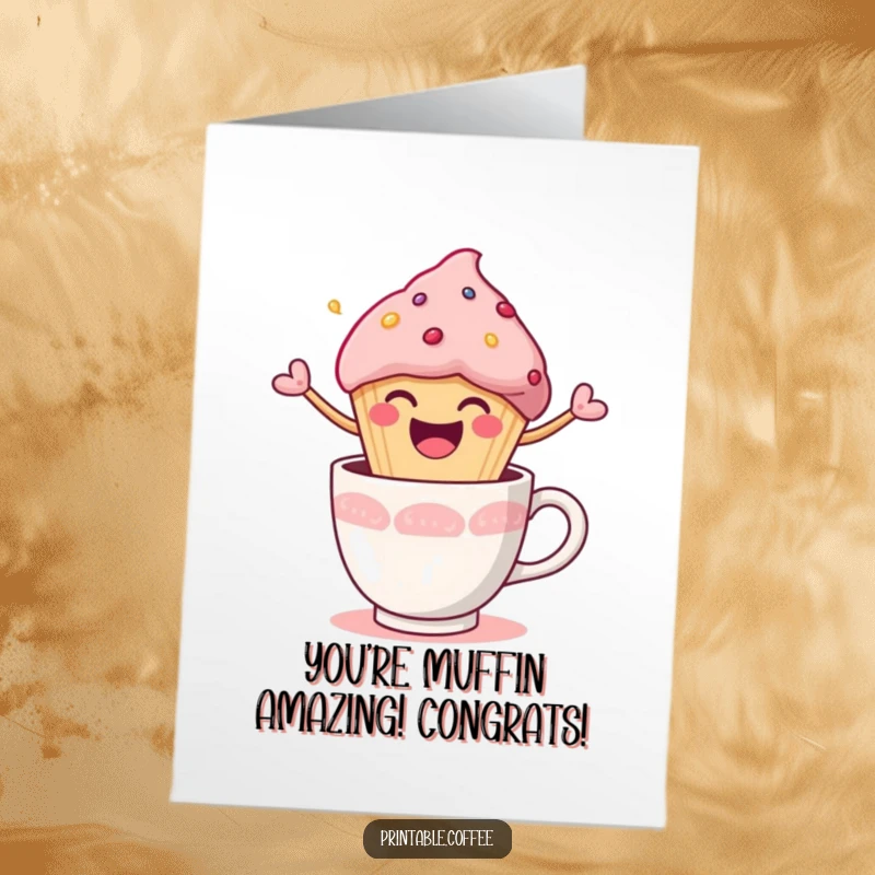 Free Printable Congratulations Card: Happy muffin character exploding from a coffee cup, symbolizing excitement. Funny downloadable.