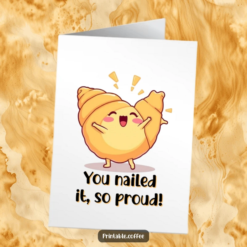 Funny Free Printable Congratulations Card: Energetic croissant mid-cartwheel, layers flying, conveying ecstatic celebration and good cheer.