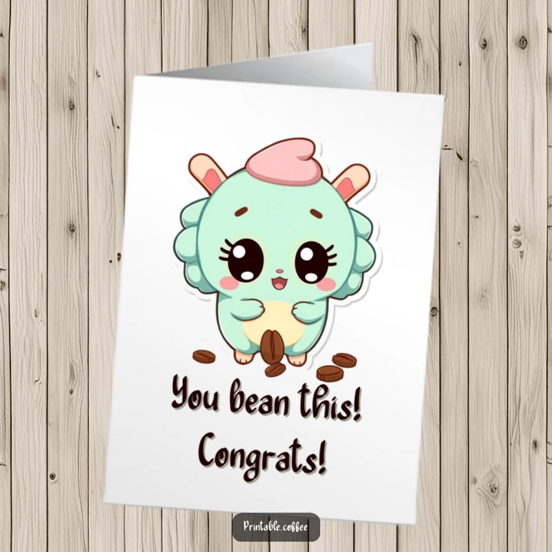 Free Printable Congratulations Card: Surprised churro character with wide eyes, dropping a coffee bean. Shocked funny downloadable.