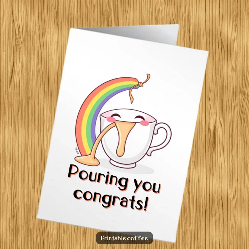 Funny Free Printable Congrats Card: A teacup character gleefully pouring a bright rainbow, symbolizing celebration, printable art.