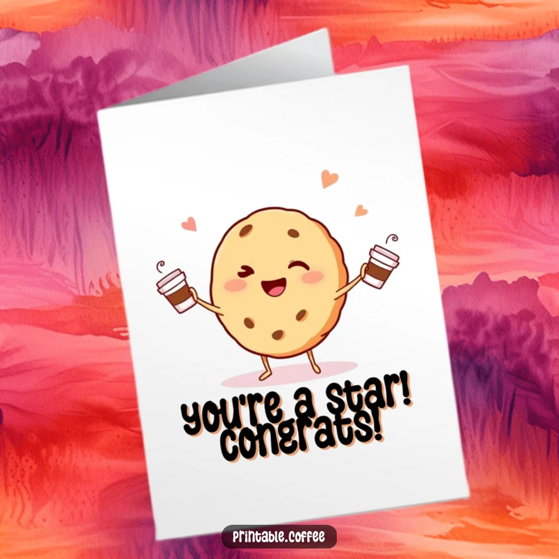 Free Printable Congratulations Card: A cookie character winks while happily juggling small coffee cups.