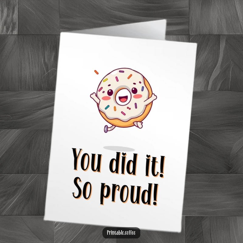 Funny free printable congratulations card with a happy donut character joyfully jumping amidst a cascade of vibrant sprinkles.
