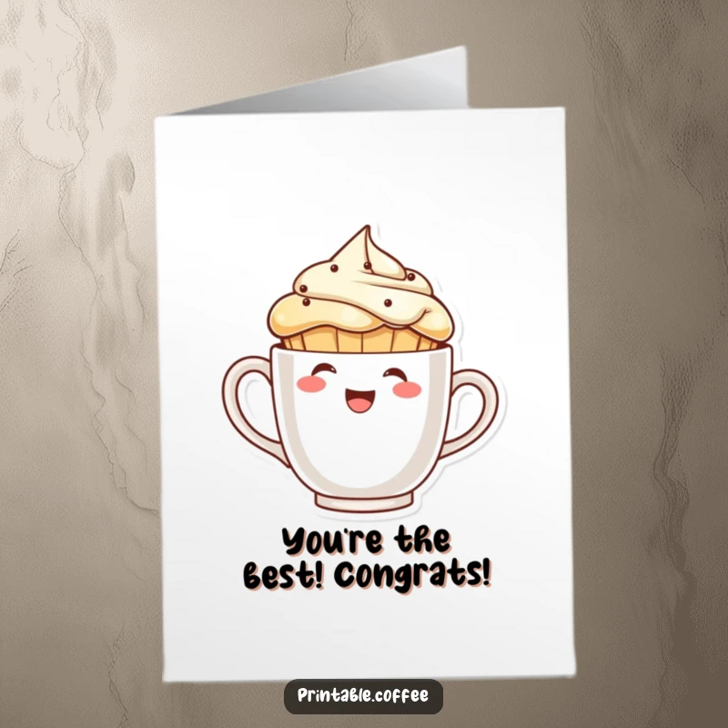 Free Printable Congratulations Card: A muffin laughs while peeking behind a huge coffee cup.