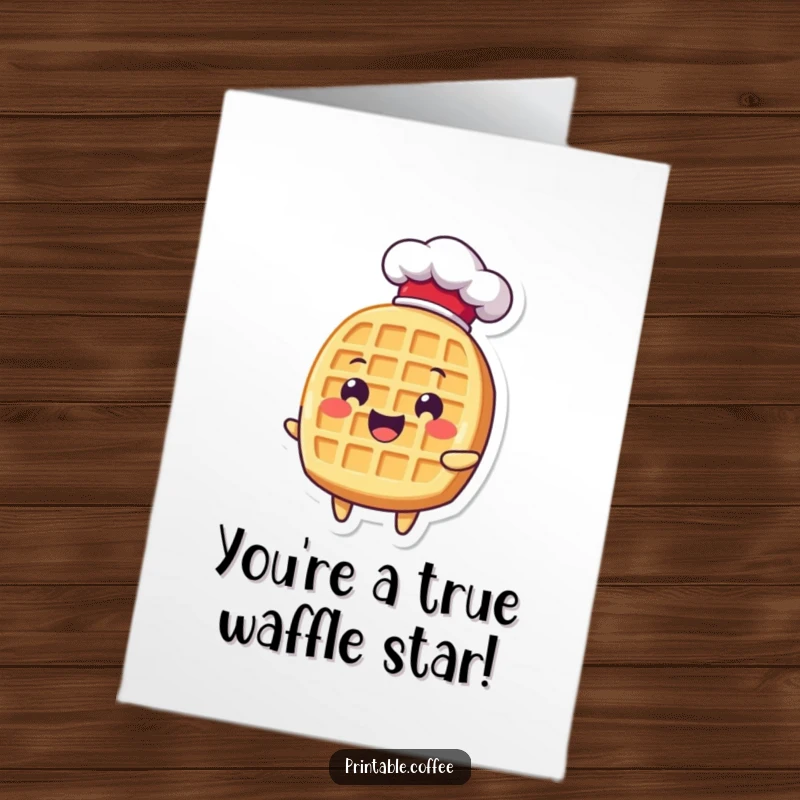 Funny free printable waffle chef congratulations card showing a delighted waffle character in a chef hat, celebrating success with flair.