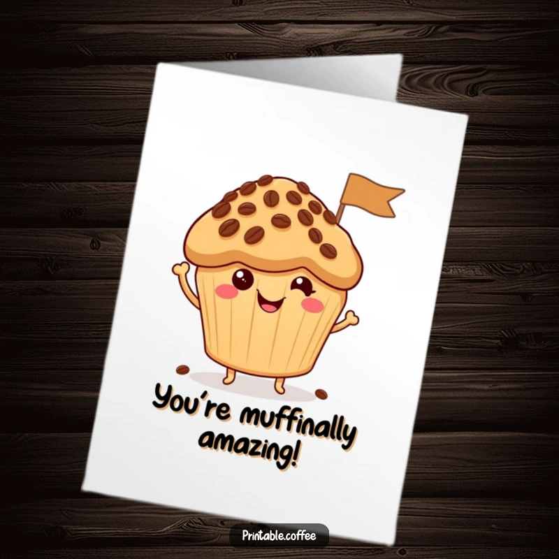 Funny free printable congratulations card showing a happy muffin character waving a coffee bean flag, symbolizing sweet achievements.