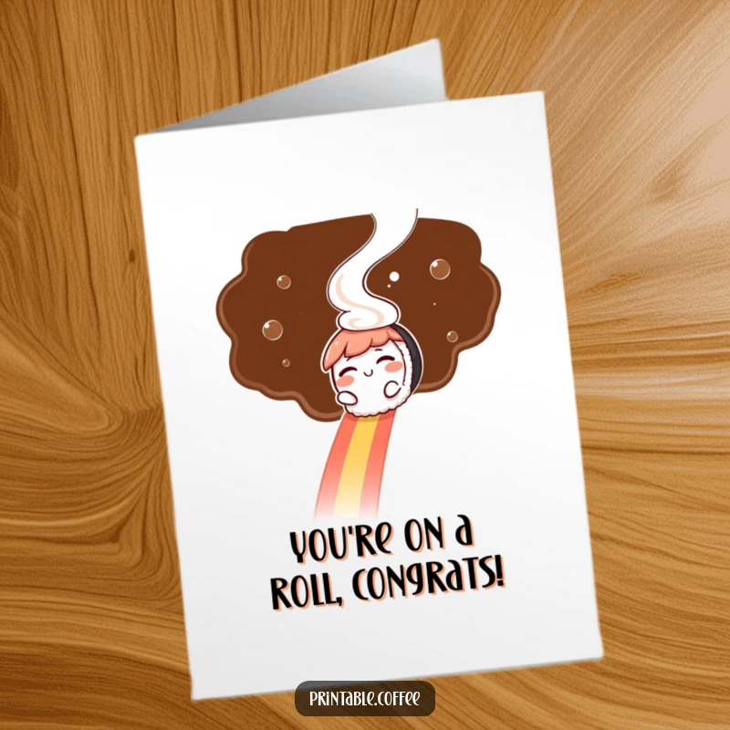 Free Printable Congratulations Card: A winking sushi character glides down a rainbow of coffee steam.
