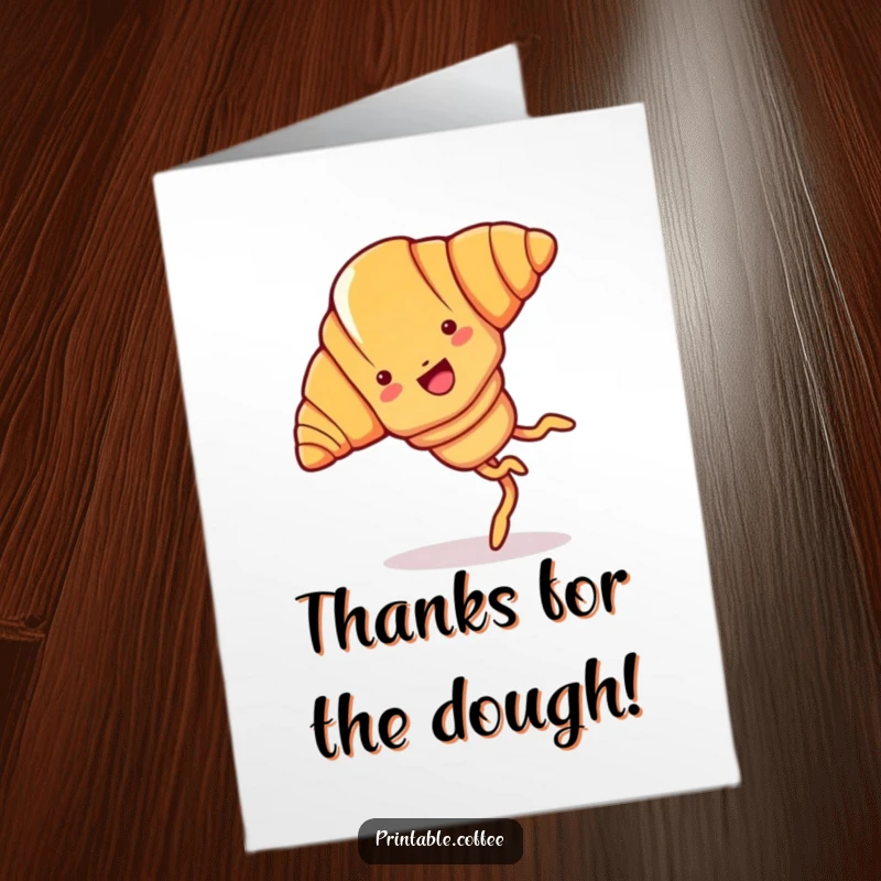 Funny Free Printable thank you card: Joyful croissant with legs doing a cartwheel, expressing thanks with energy.