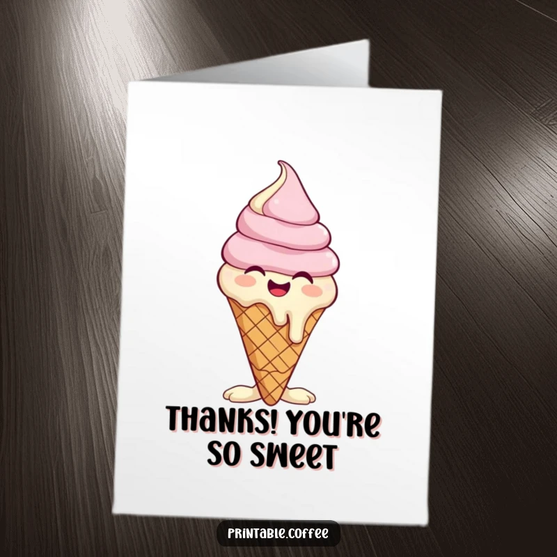 Funny Free Printable Thank You Card: Giggling ice cream cone character melting slightly, a sweet and humorous thank you.