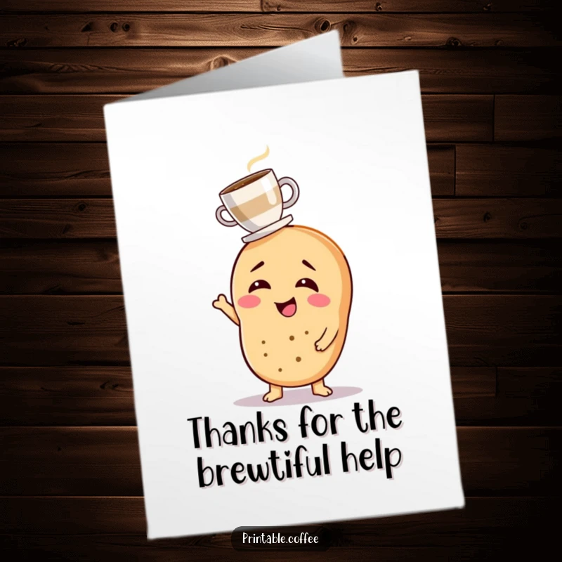 Funny free printable thank you card of a cheerful bagel character with a tiny coffee cup wobbling on its head.
