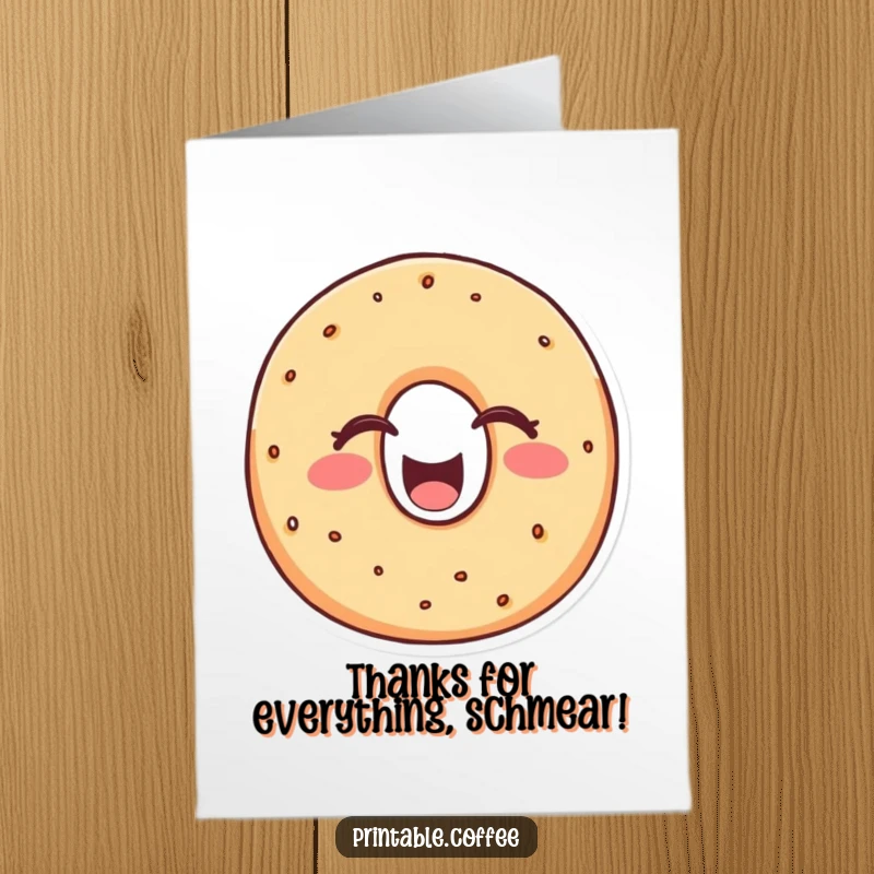 Funny Free Printable Thank You Card: A cheerful bagel character in a hearty laugh, conveying thanks with infectious humor.