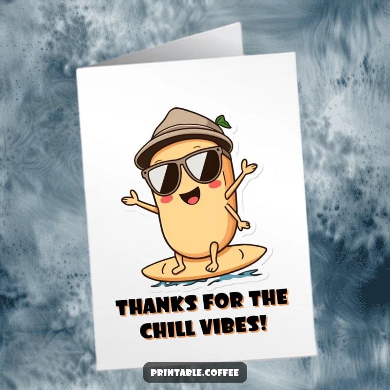 Funny Free Printable Thank You Card: A coffee bean character wearing sunglasses, surfing a wave with a thank you message.