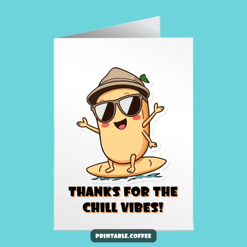 Free Printable Thank You Card: Cool Coffee Bean Surfer - Funny Downloadable Gift