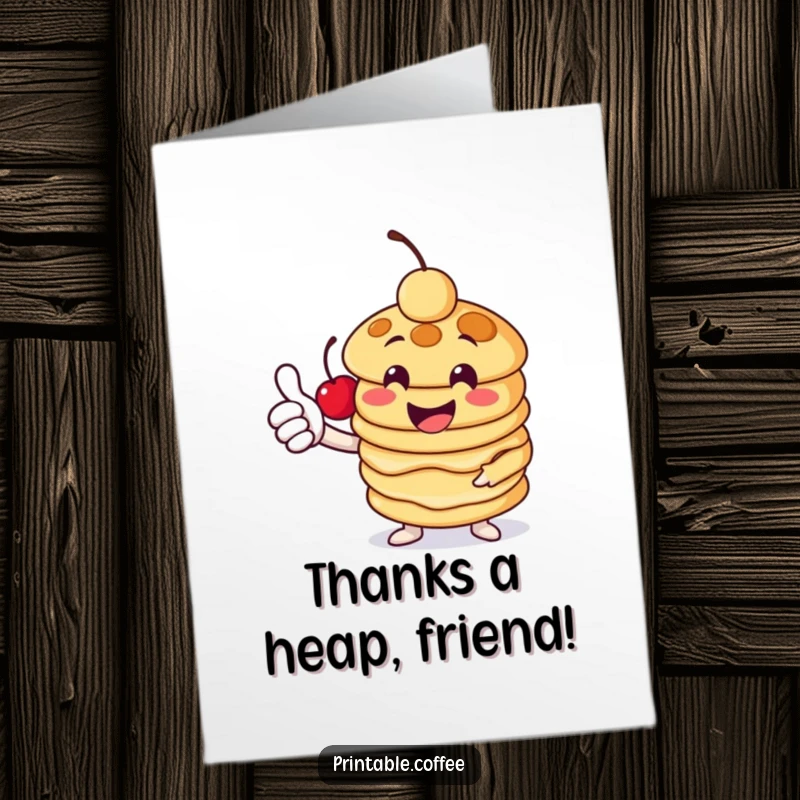 Funny Free Printable Thank You Card: A cheerful pancake stack character with a cherry giving a thumbs-up, showing sincere thanks.