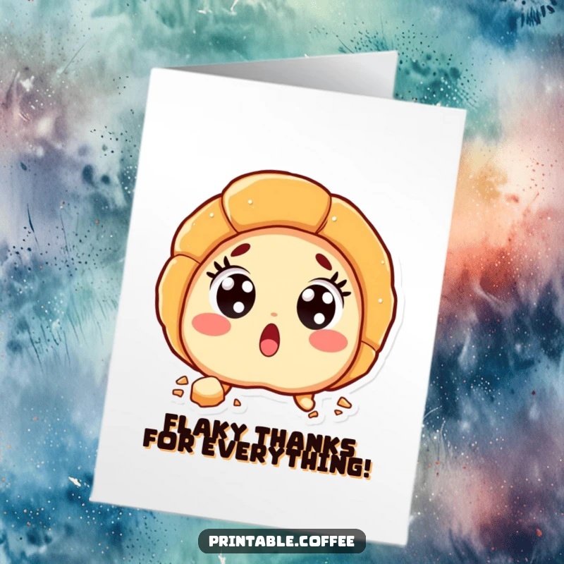 Funny free printable thank you card featuring a croissant character looking surprised with crumbs flying everywhere.