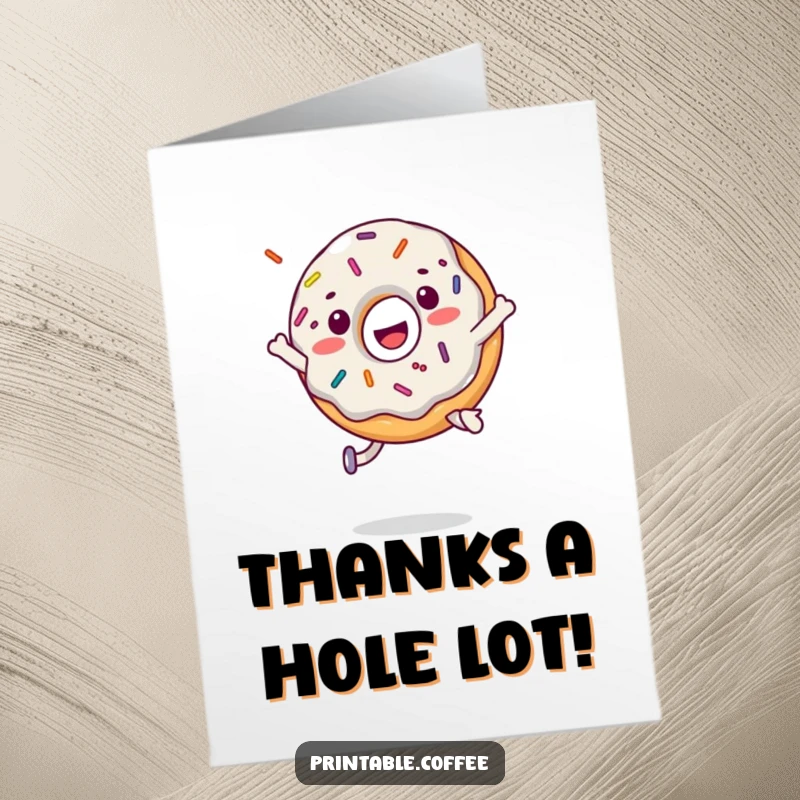Funny free printable thank you card showcasing a delighted donut character performing a playful jump surrounded by flying sprinkles.