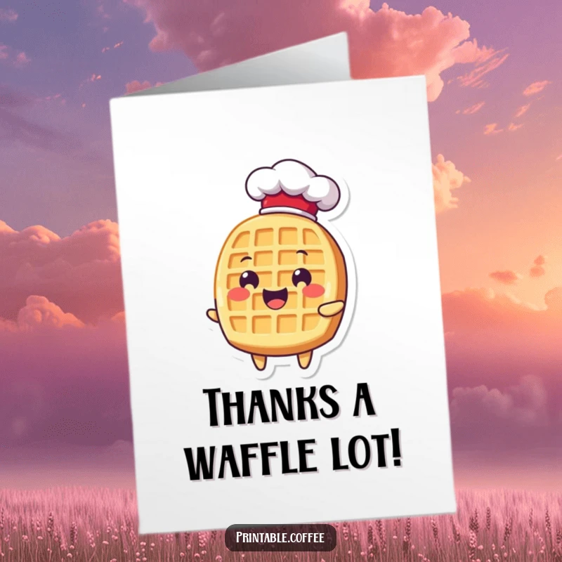 Funny free printable waffle chef thank you card featuring a delighted waffle character wearing a chef hat, offering heartfelt thanks humorously.
