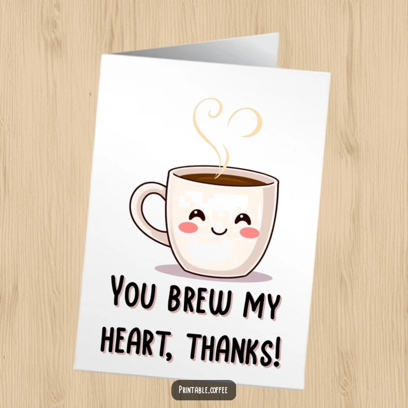 Heartwarming Free Printable Thank You Card: A smiling coffee mug character sending love with steam shaped like a heart.