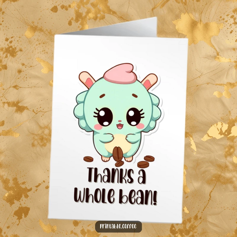 Funny Free Printable Thank You Card: Surprised churro with wide eyes, dropping a coffee bean. Comical downloadable.