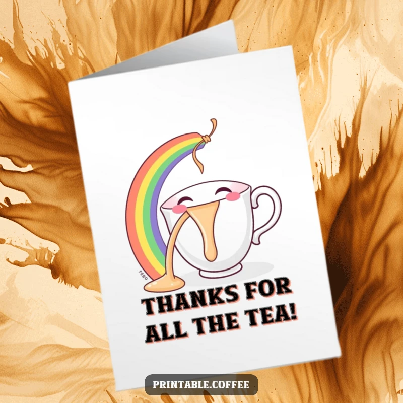Funny Free Printable Thank You Card: A teacup character pouring a colorful rainbow with a happy expression, conveying thanks.