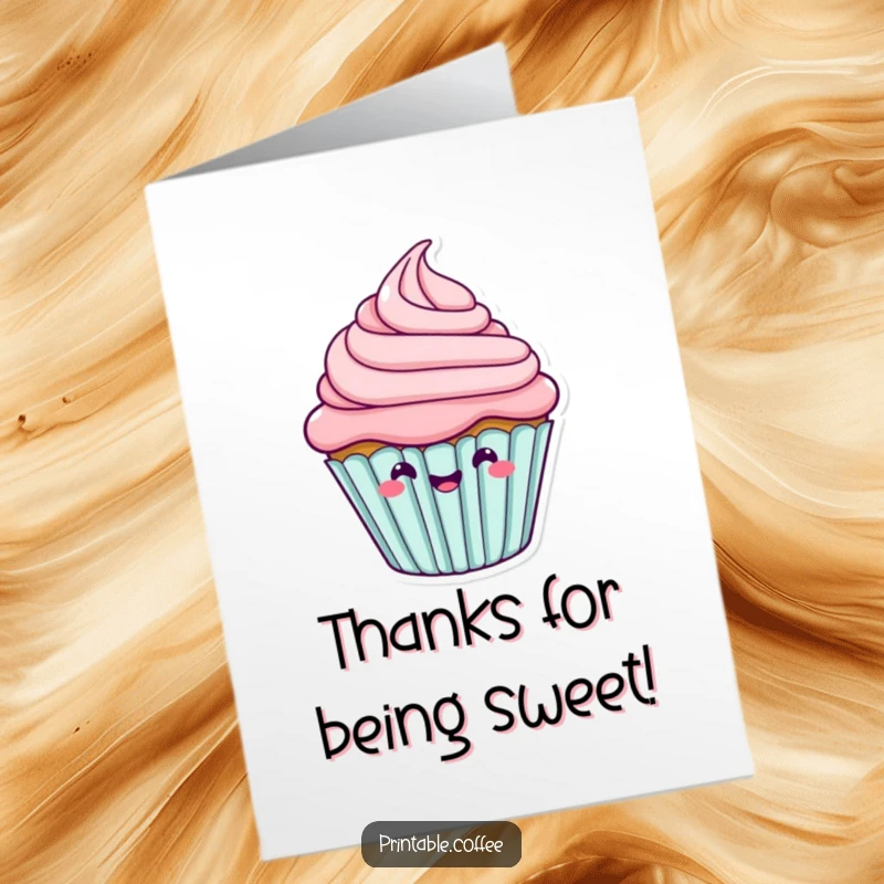 Funny free printable thank you card with a happy cupcake character joyfully wiggling its delicious frosting.