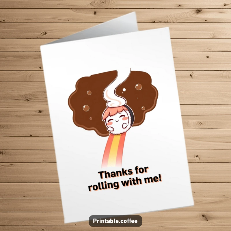 Free Printable Thank You Card: A winking sushi character slides down a rainbow formed by coffee steam.