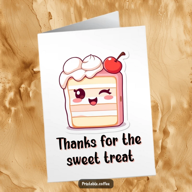 Funny Free Printable Thank You Card: Winking cake character with an extra cherry, offering a playful and funny thank you.