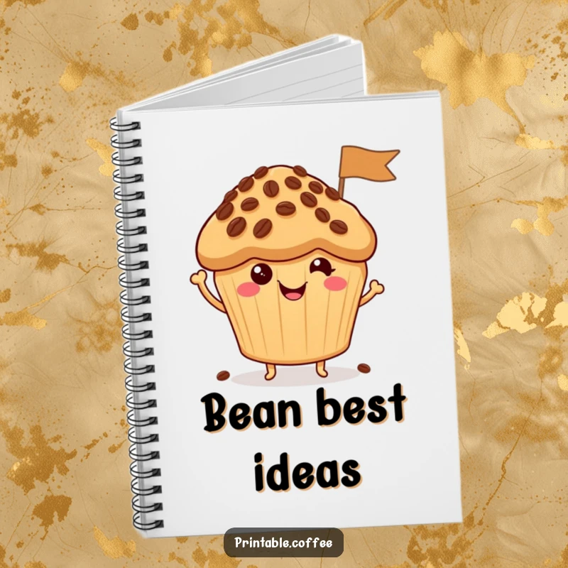 Funny Notebook: A happy muffin character waves a small flag made of coffee beans, perfect for capturing creative thoughts.