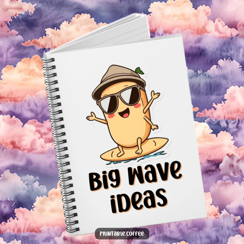 Funny notebook cover with a coffee bean character wearing sunglasses, surfing on a wave, perfect for jotting down cool ideas.