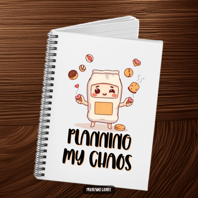 Funny notebook cover with a steaming coffee bag character artfully juggling pastries, ideal for writing down recipes and ideas.