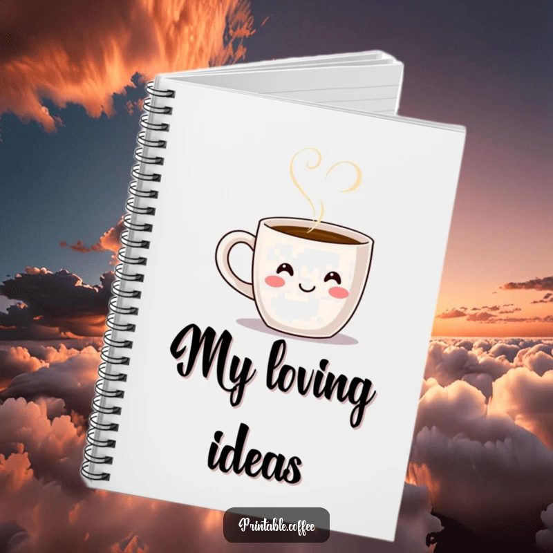 Funny smiling coffee mug character with steam forming a heart shape, printed on a humorous notebook cover for coffee lovers.