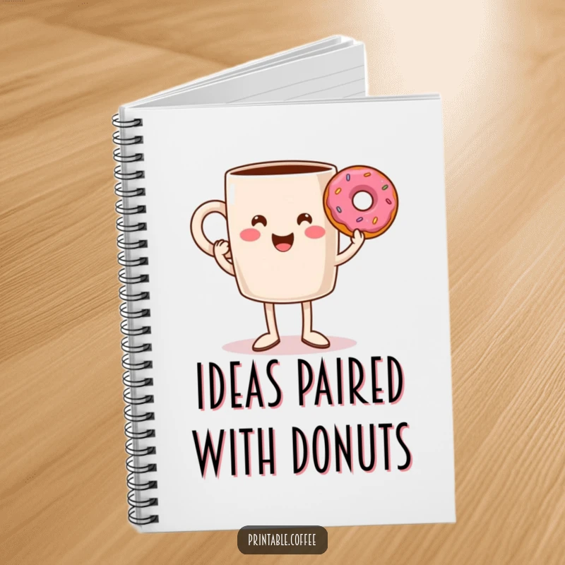 Funny coffee mug with legs triumphantly holding a donut, a charming notebook for capturing thoughts with a humorous twist.