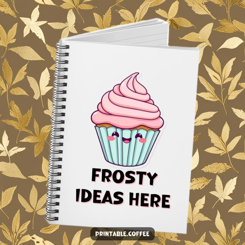 Funny cupcake character with its frosting wiggling with joy, on the cover of a cheerful notebook.