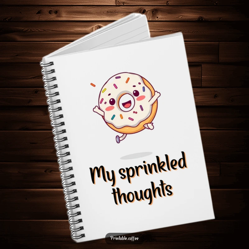 Funny donut character mid-leap with sprinkles scattering, gracing the cover of a cheerful notebook.