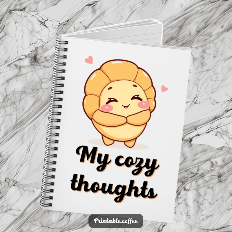 Funny notebook cover with a croissant character winking and offering a hug, ideal for writing down warm thoughts and inspirations.