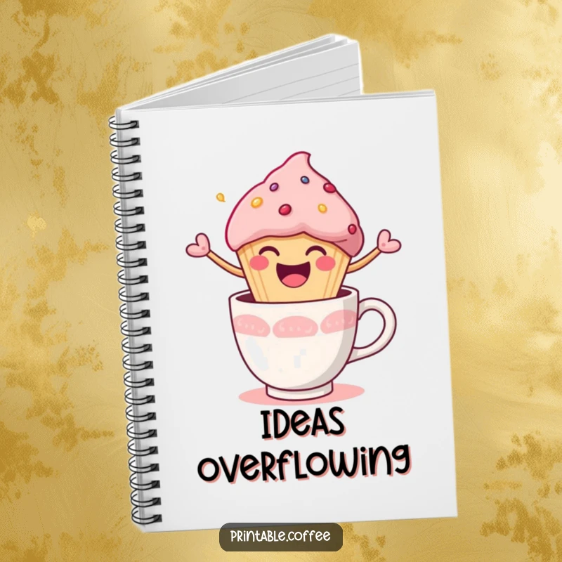 Funny Notebook with a happy muffin character joyfully bursting out of a coffee cup, inspiring sweet ideas.