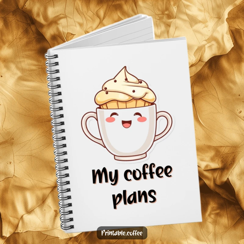 Funny laughing muffin character peeking from behind a giant coffee cup on a notebook cover, for jotting down ideas.