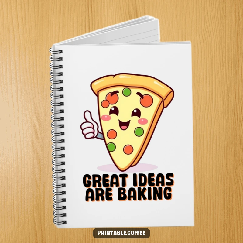 Funny notebook with a gleeful slice of pizza character giving a thumbs up, ideal for jotting down tasty thoughts.