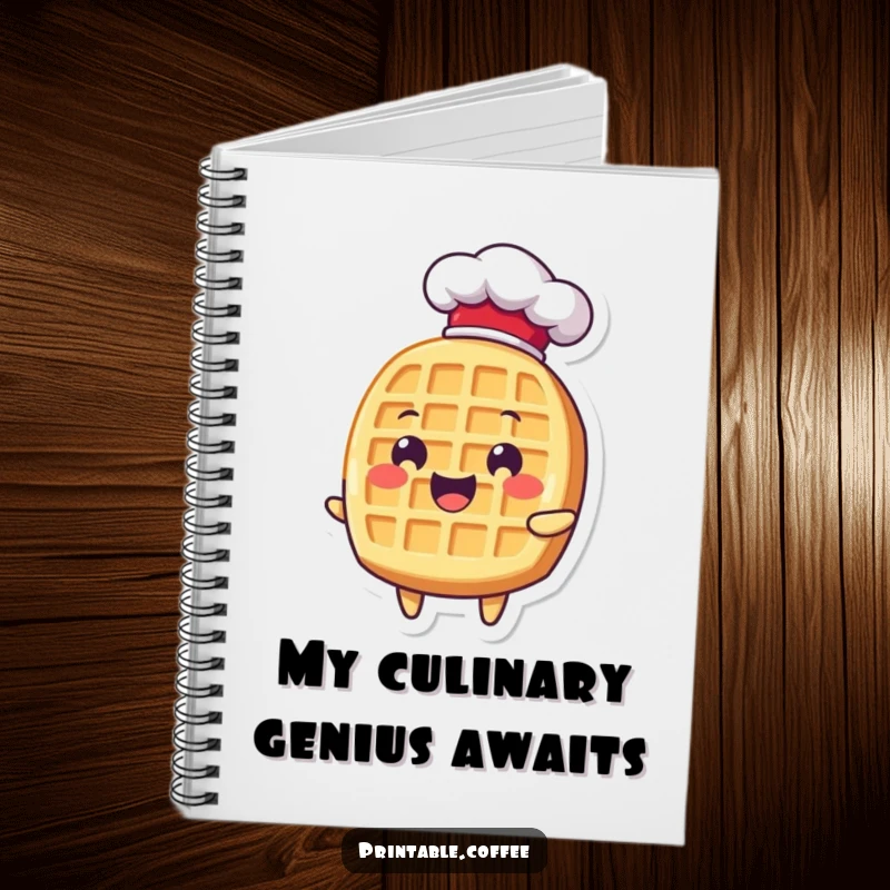 Funny waffle character in a chef hat, looking delighted, perfect for jotting down notes in this humorous notebook.
